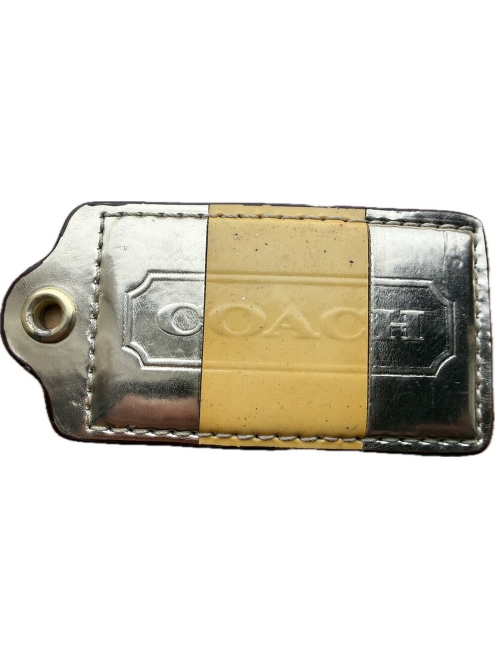 Coach Yellow & Metallic Silver Leather Hangtag Charm Fob Replacement Bag Tag